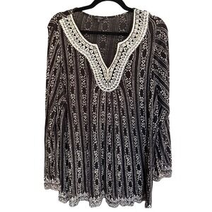 Lucky Brand Linen Blend Tunic Blouse 1X Black Ethnic Print Hippie Peasant‎ Boho